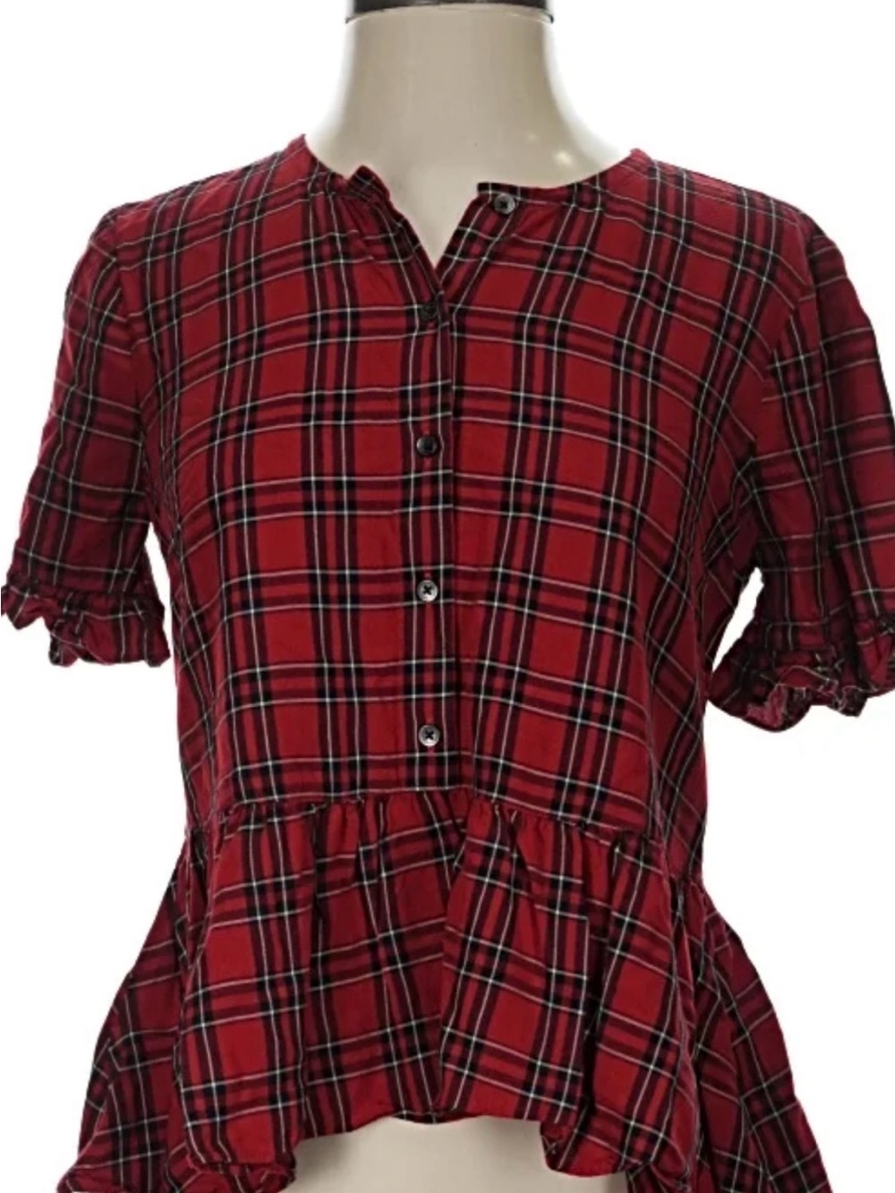 Madewell Red Plaid Button-Front Peplum Blouse M like new
